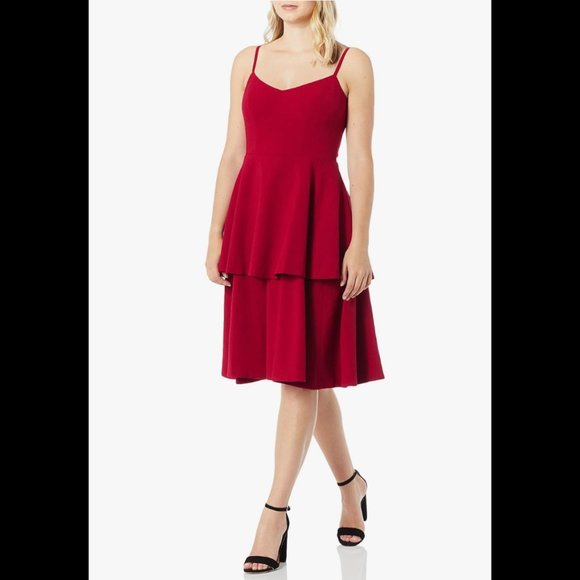 Dress the Population Red Yasmin Solid Sleeveless Peplum Tiered Fit & Flare XS - Picture 1 of 5
